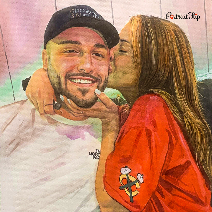 Pastel painting of couple with man kissed on cheek